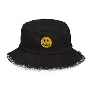 Alljoy Smiley Distressed Denim Black Bucket Hat